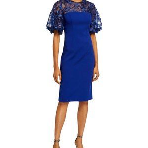 Carmen Marc Valvo 3D Petal Embellished Puff Sleeve Crepe Sheath Dress Sz 8